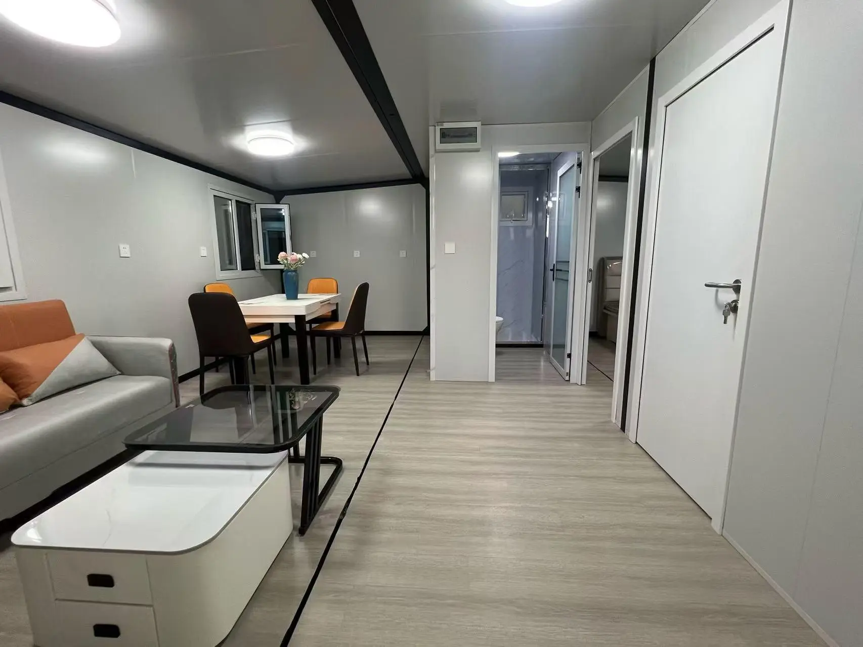 Finished living interior inside an expandable prefab home