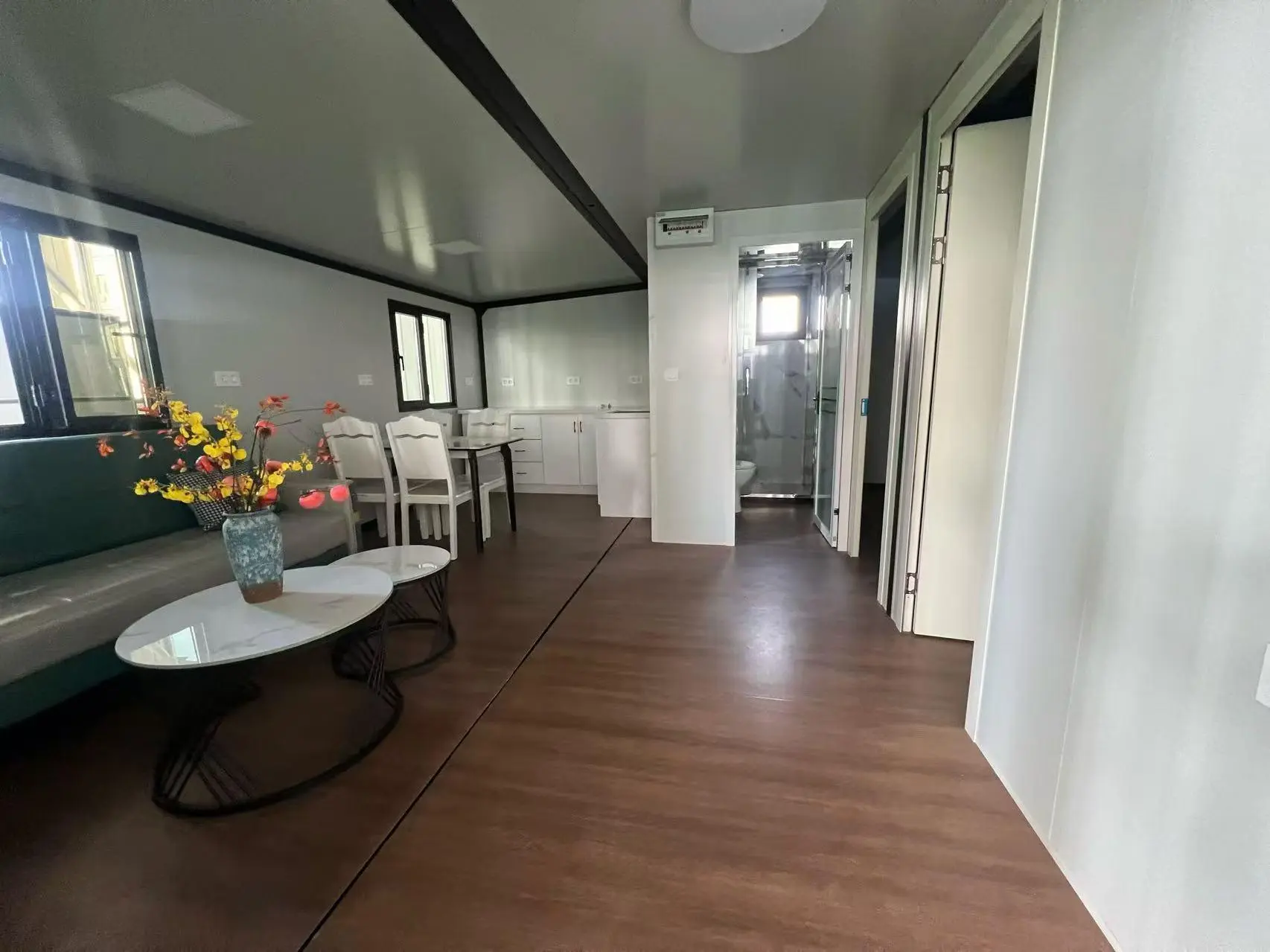 Finished interior reference for a flat-pack modular room