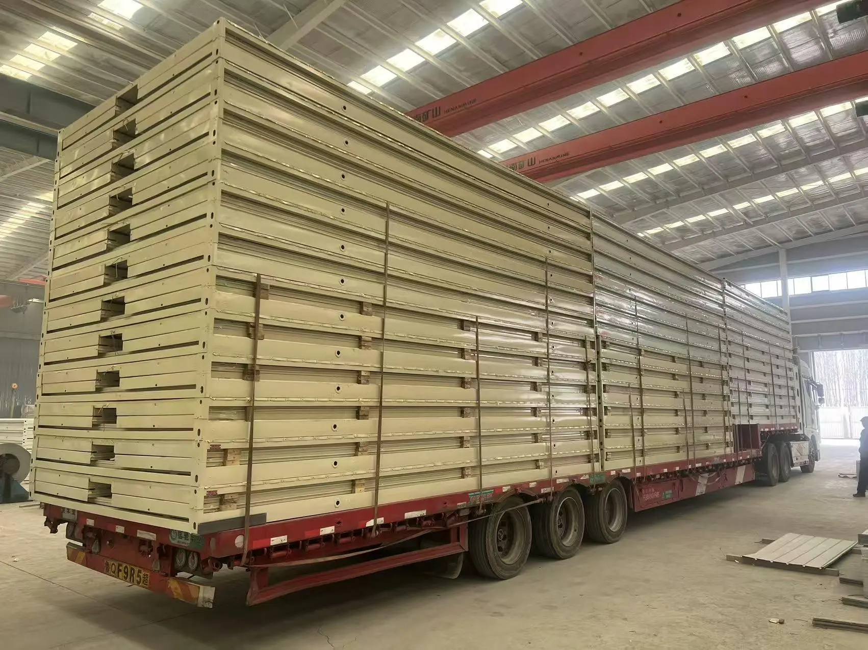 Prefab building components packed for transport